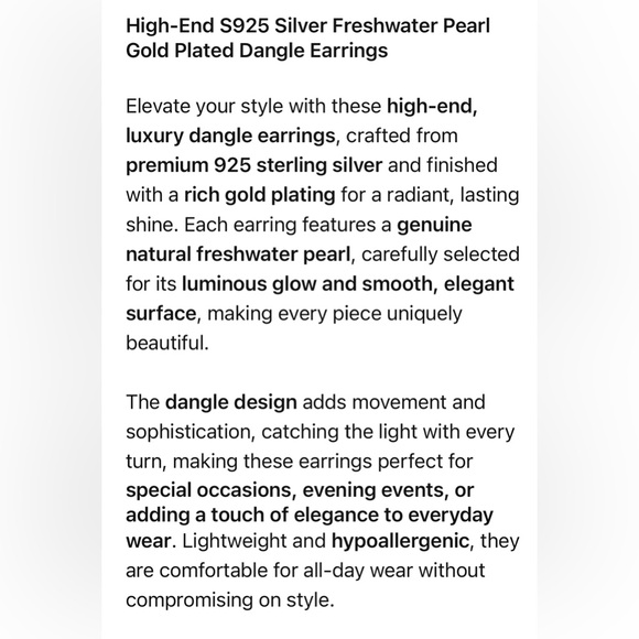 •High-End Quality|Design 925 Silver Freshwater Pearl Gold Plated Dangle Earrings - Picture 12 of 12